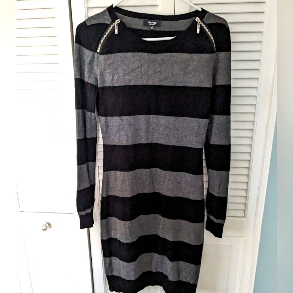 Premise Sweater Dress Women's S Black/Grey Striped Bodycon Zipper Detail Stretch